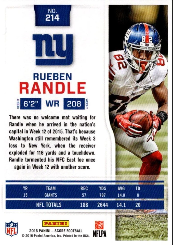2016 Score Rueben Randle New York Giants #214 - Image 2 of 2