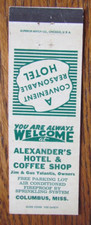 COLUMBUS, MISSISSIPPI COPERTINA LIBRO FIAMMIFERI: ALEXANDER'S HOTEL COFFEE SHOP MATCHCOVER