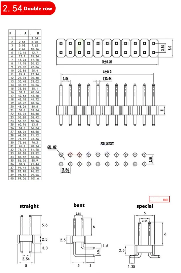 2.54MM Spacing Single/Double Row Black Pin  1*40P/2*40P Straight/Bent Long Row - Image 4 of 4