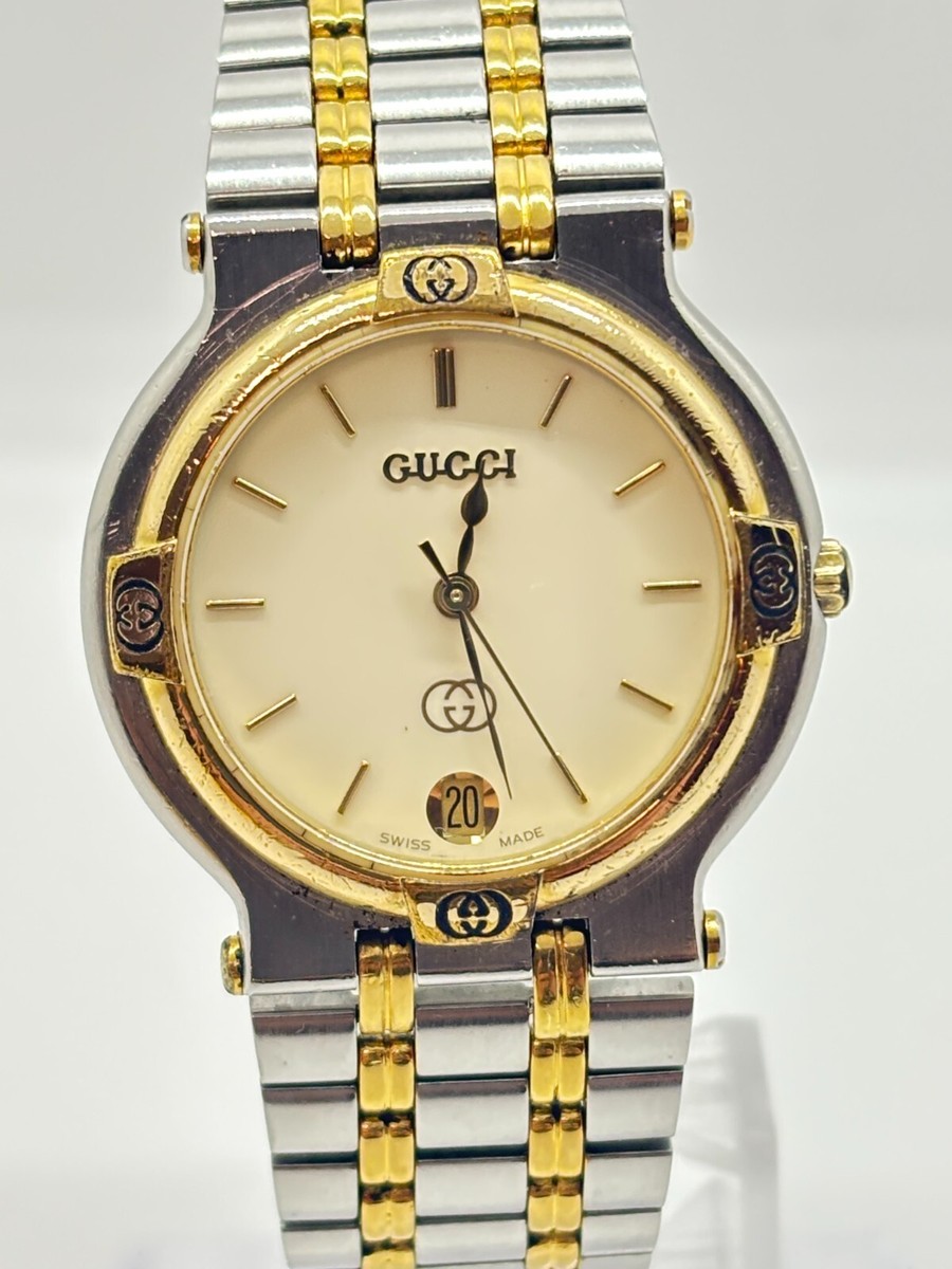 Exc+5] GUCCI 9000M Watch GOLD Silver DATE Quartz Men's Used