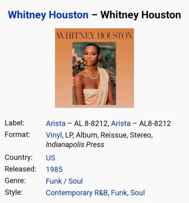WHITNEY HOUSTON Debut Self-titled Vinyl Album! Excellent Condition