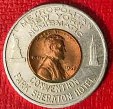 ENCASED COIN AU 1967 P LINCOLN CENT NEW YORK METROPOLITAN NUMISMATIC CONVENTION