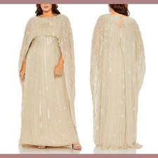 NWT Mac Duggal 18W 93993 Beaded Embellished Column Cape Gown Champagne J755