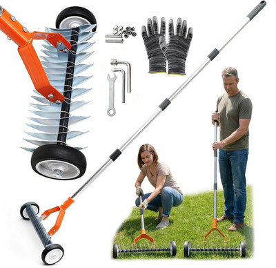 Wheeled Dethatching Rake for Lawn - 15'' Heavy Duty Stainless Steel Thatch Rake w