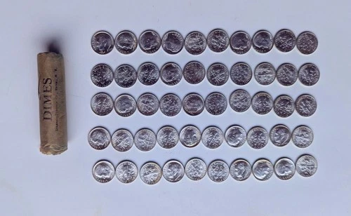 1964 10C ROOSEVELT SILVER DIME $5 ROLL 50 dimes uncirculated in paper roll