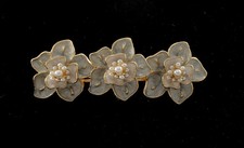 Hair Barrette Gold Tone Metal Enamel Flower Faux Pearl Top Hair Accessory 2 1/2"