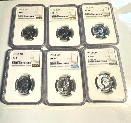 1955 D NGC MS64 Washington Silver Quarter lot of 6 coins