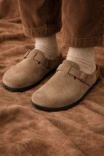 Birkenstock Boston Taupe Suede Leather Mules Khaki Clogs Soft Footbed Unisex New