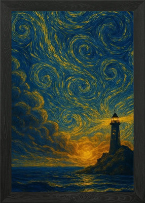 Leuchtturm unter einem wirbelnden Sternenhimmel gerahmtes Wandbild Poster Leinwanddruck Bild
