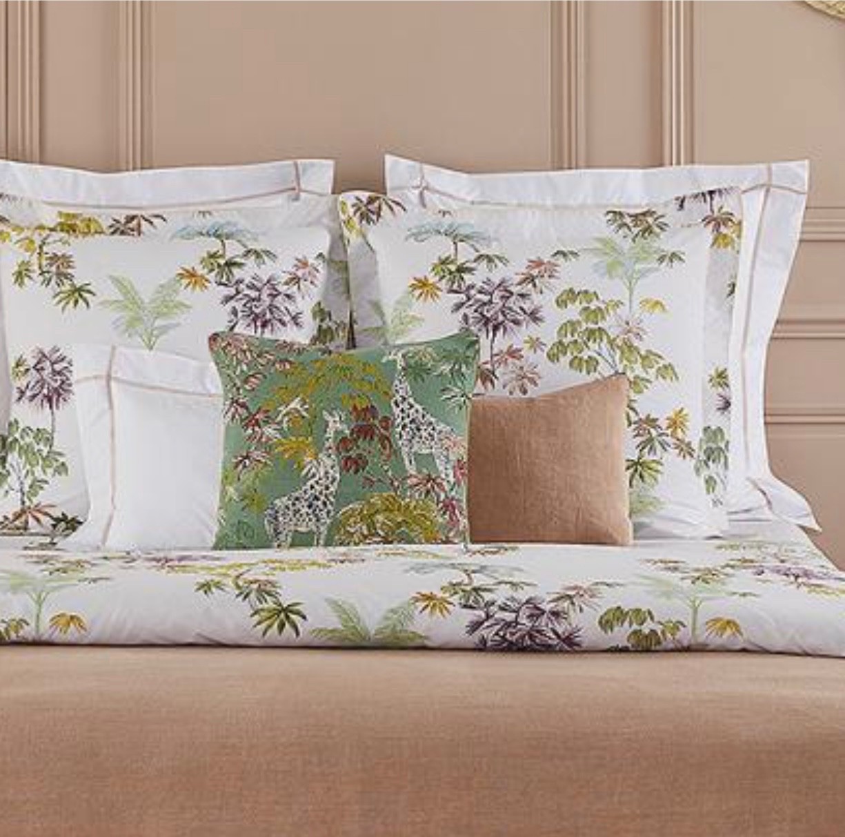 RARE YVES DELORME LAOS 2 BOUDOIR SHAMS BOTANICAL TROPICAL TREE FLOWER PINK GREEN