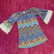 Win Win Half Sleeve Lace Tunic Top Blue Multicolor Size S-M