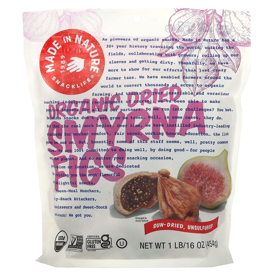 Organic Dried Smyrna Figs, Sun-Dried, Unsulfured, 1 lb (454 g)