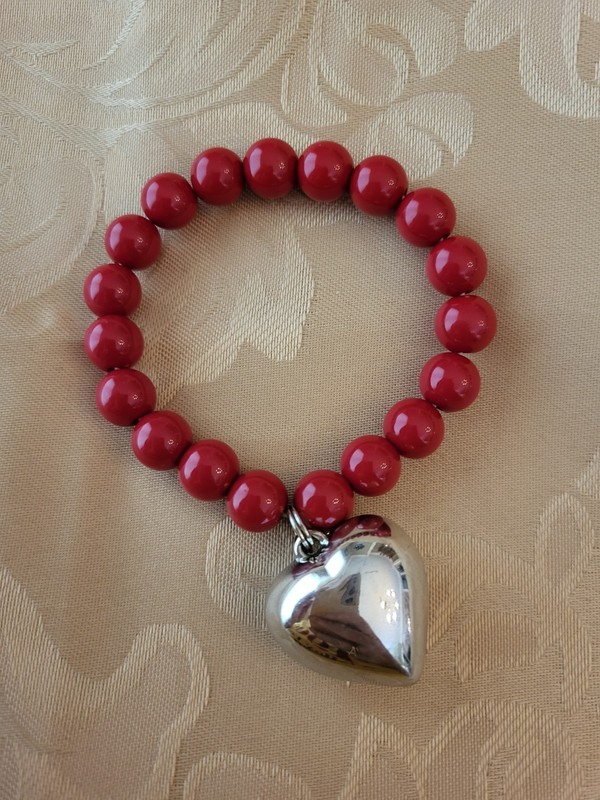 Red Bead Bracelet With Puffy Silver Heart Charm Dangle
