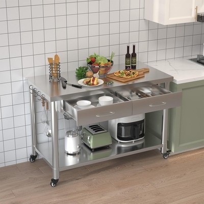 48''x24'' Stainless Steel Work Table with Drawers, Rolling Kitchen Prep Workbench 