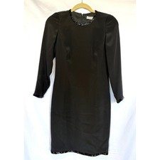 Vintage 90s Carolina Herrera LBD Cocktail Dress Black Bead Trim Classic Demure 4