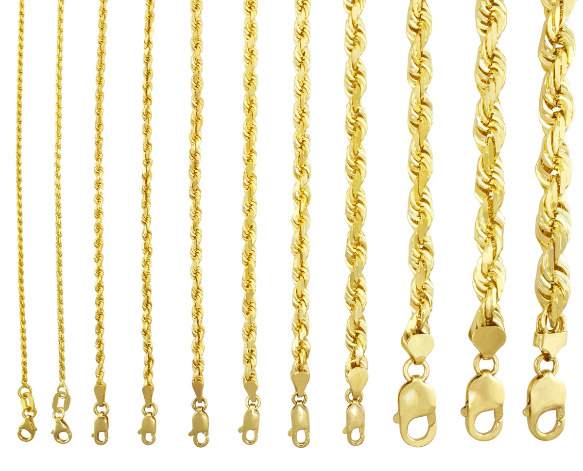 14K Yellow Gold Solid Rope Chain Necklace Bracelet 1mm 10mm Mens