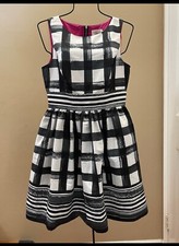 Eliza J Gingham Brushstroke Fit & Flare Sleeveless Dress Sz 8 Black White Plaid