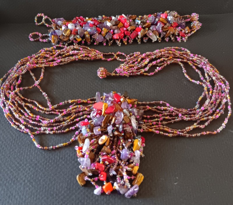 Vintage BOHO Multi Gemstone Beaded 9 Strand Necklace and Bracelet set
