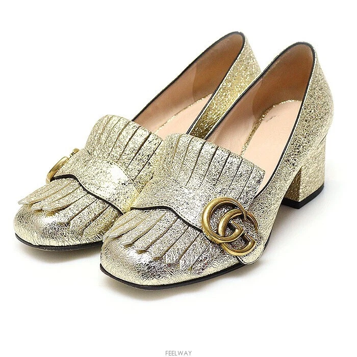 GUCCI 408208 Metallic Gold Leather Marmont Pumps Women s Shoes 34 AA578