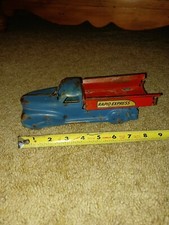 Vintage Tin Wind Up Cargo Pick Up Truck Blue Red Paint Wood Wheels, 8 1/2 inch