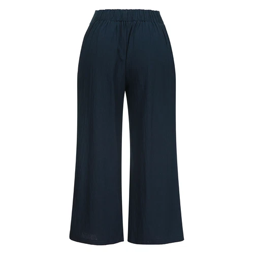 Women Cotton Linen Capri Culottes Cropped Wide Leg Elastic Waist Trousers Pants - Picture 8 of 18