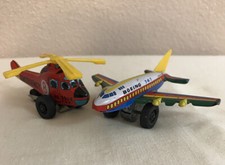 Vintage Tin Friction Helicopter 8 Emergency AND Airplane Boeing 747 Toy Japan