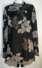 Vera Wang Blouse Black Double Layer Silk Tunic Longsleeve Floral Print Size 40/6