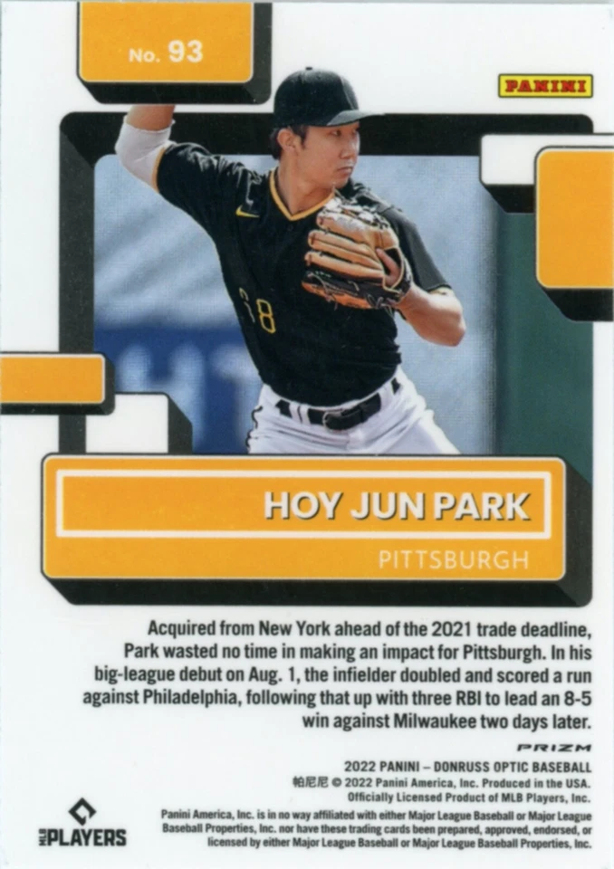 2022 Panini Optic Lime Green Rated Rookie Hoy Jun Park Pittsburgh Pirates #93 - Image 2 of 2