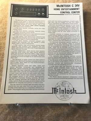 ORIGINAL MCINTOSH-C 34V HOME ENTERTAINMENT CONTROL CENTER DATA QUICKSHEET D887