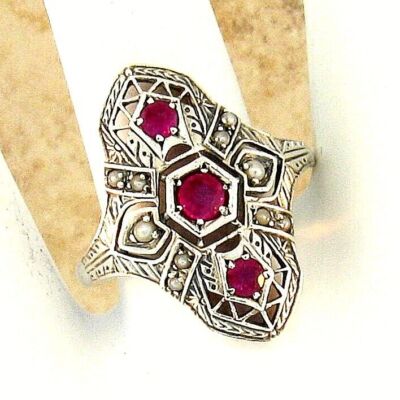 GENUINE STONES DECO ANTIQUE STYLE 925 STERLING SILVER RING   023X