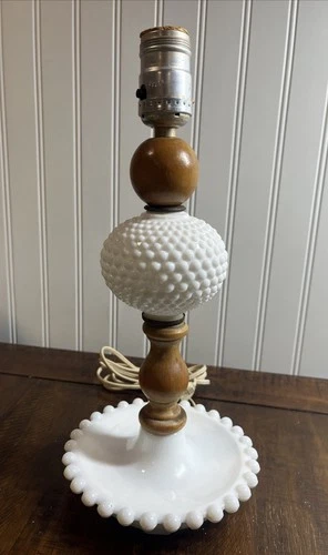 Vintage MCM Wood & Milk Glass Hobnail Table Light Lamp Condition Shown In Photo