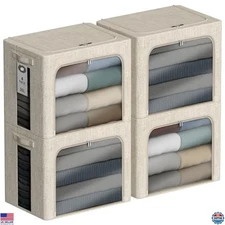 4 Pack 36L Stackable Clothes Storage Bins with Lid, Metal Frame, Linen Fabric,