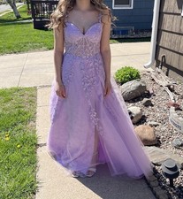 Lavender Floral Applique Lace Formal Gown with Slit and Tulle Overlay