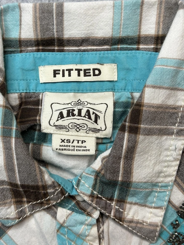 Camisa Ariat Feminina XS Azul Marrom Xadrez Ajustado Cowgirl Ocidental Snap Pearl Detalhe - Imagem 2 de 4