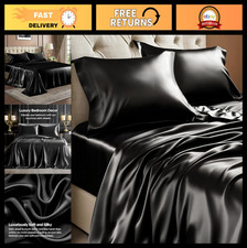 Luxury Black Satin King Size Sheet Set - Soft, Silky, Deep Pocket, 4 Pieces