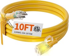 12/3 Gauge Heavy Duty Outdoor Extension Cord 10 ft Waterproof W/ Lighted end New