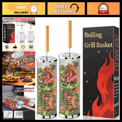Rolling Grill Basket - BBQ Tools with Removable Wooden Handle, 304 Stainless Ste