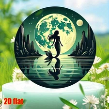 2D Flat, Drops Finials 2D Flat Round Wall Art - Mermaid & Moonlight Lake Reflect
