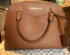 Michael Kors Brown Zip-Top Satchel Top Handle Bag, Gold Hardware, Charm