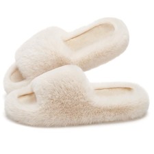 ATHMILE Womens Slippers with Arch Support Memory Foam Fuzzy 7.5-8.5, Beige
