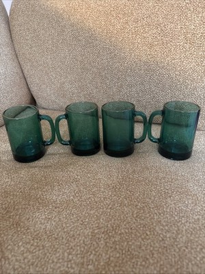 Libbey Glass Teardrop Juniper Green Handled Mugs Gold Trim Set Of 4