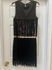 NWT Babeyond Flapper Fringe Dress Black Gold Sequins 1920 Gatspy Style Large 