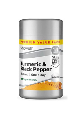 Vitawell Kurkuma & schwarzer Pfeffer 500 mg pro Portion | Mega-Packung - 150 Kapseln