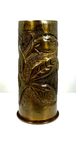 Antique Trench Art 1904 Karlsruhe Germany War Artillery Shell Leaf Design - RARE