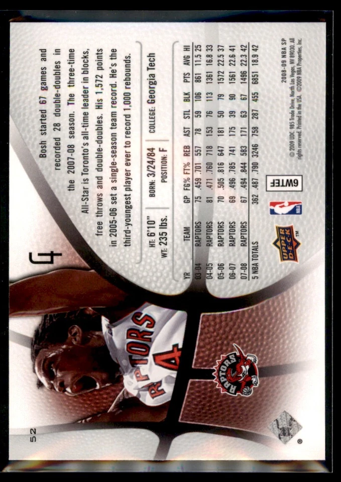 2008-09 SP Authentic Retail Chris Bosh Toronto Raptors #52 - Image 2 of 2
