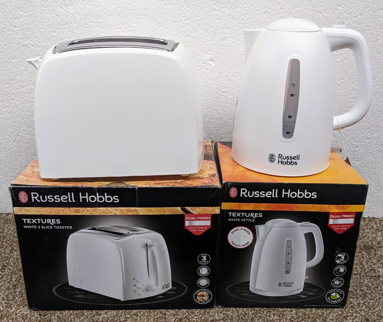 Russell Hobbs Textures Kettle (21270) & 2 Slice Toaster (21640) Set