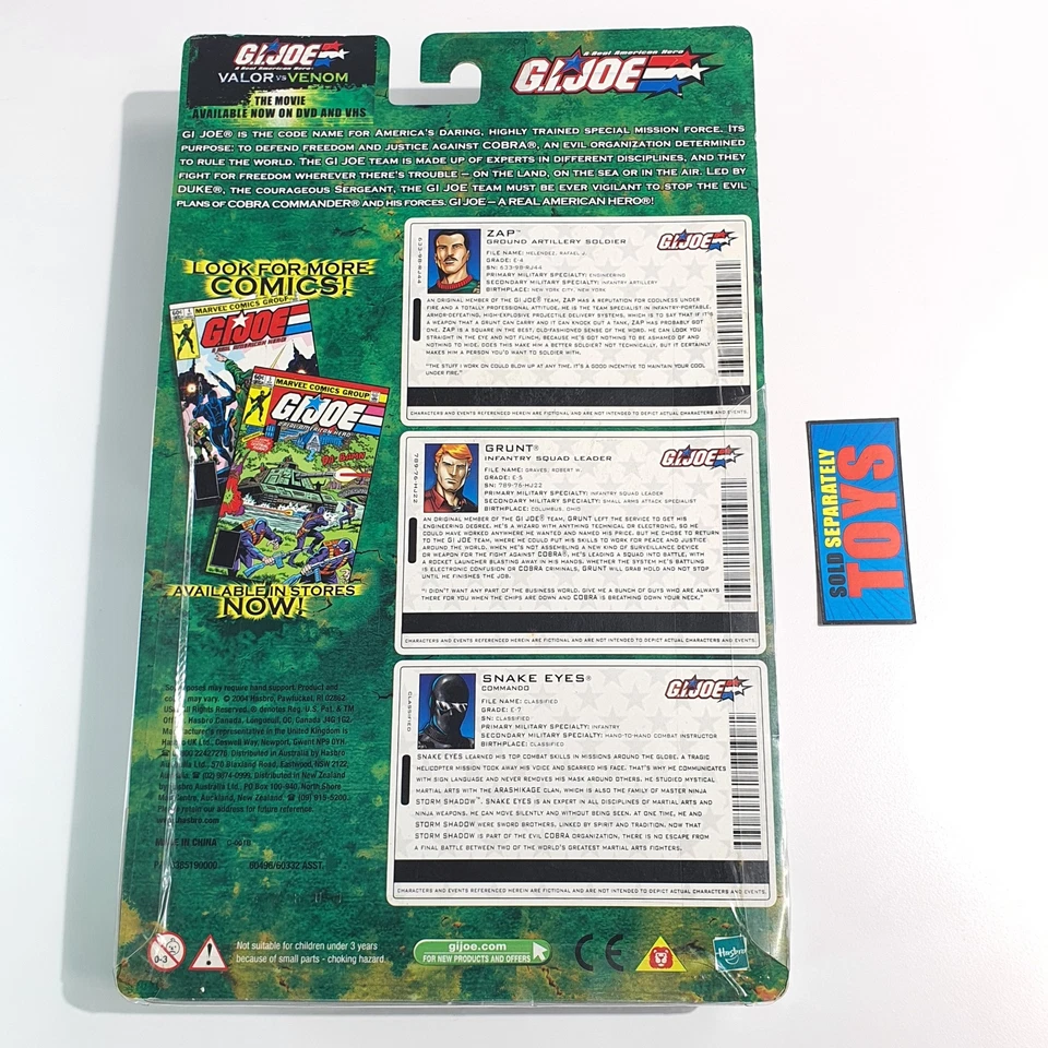 Paquete de cómics GI Joe Valor Vs Venom Zap v3 Grunt v8 y Snake Eyes v20 2005 sin usar, en caja Foto 3 de 4