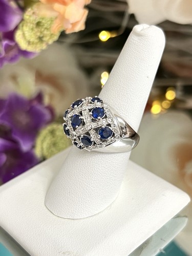 LeVian 18k White Gold 3ct Natural Blue Sapphire Diamond Dome Cocktail Ring 7.5 - Picture 3 of 12