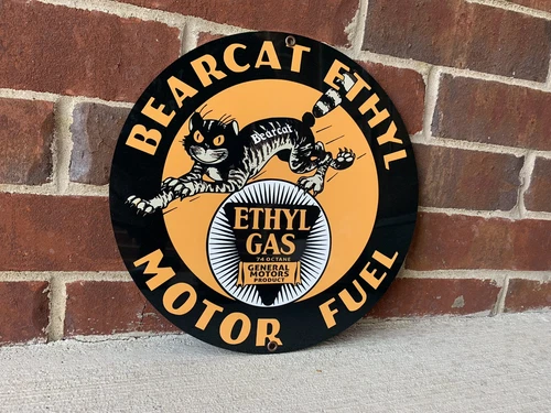 Bearcat ethyl motor fuel gasoline oil garage man cave racing vintage round sign