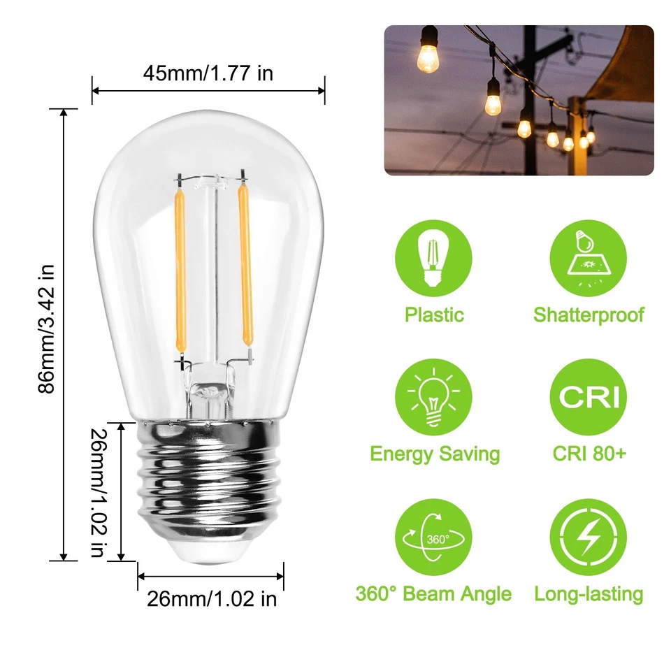 E26 LED Light Bulb 2W 20W S14 Outdoor String Light Replacement Waterproof 15Pack - Image 3 of 4